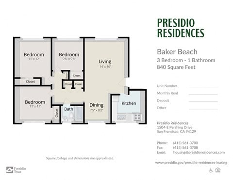 Floor plan for 3 beds, 1 bath, 840 sqft